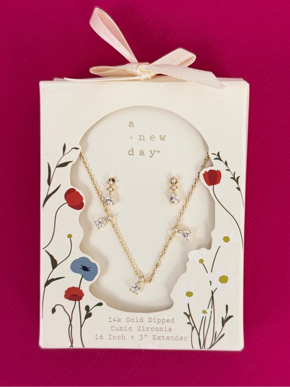 14K Gold Dipped Necklace & Earring Set with teardrop Cubic Zirconium Stones NWT